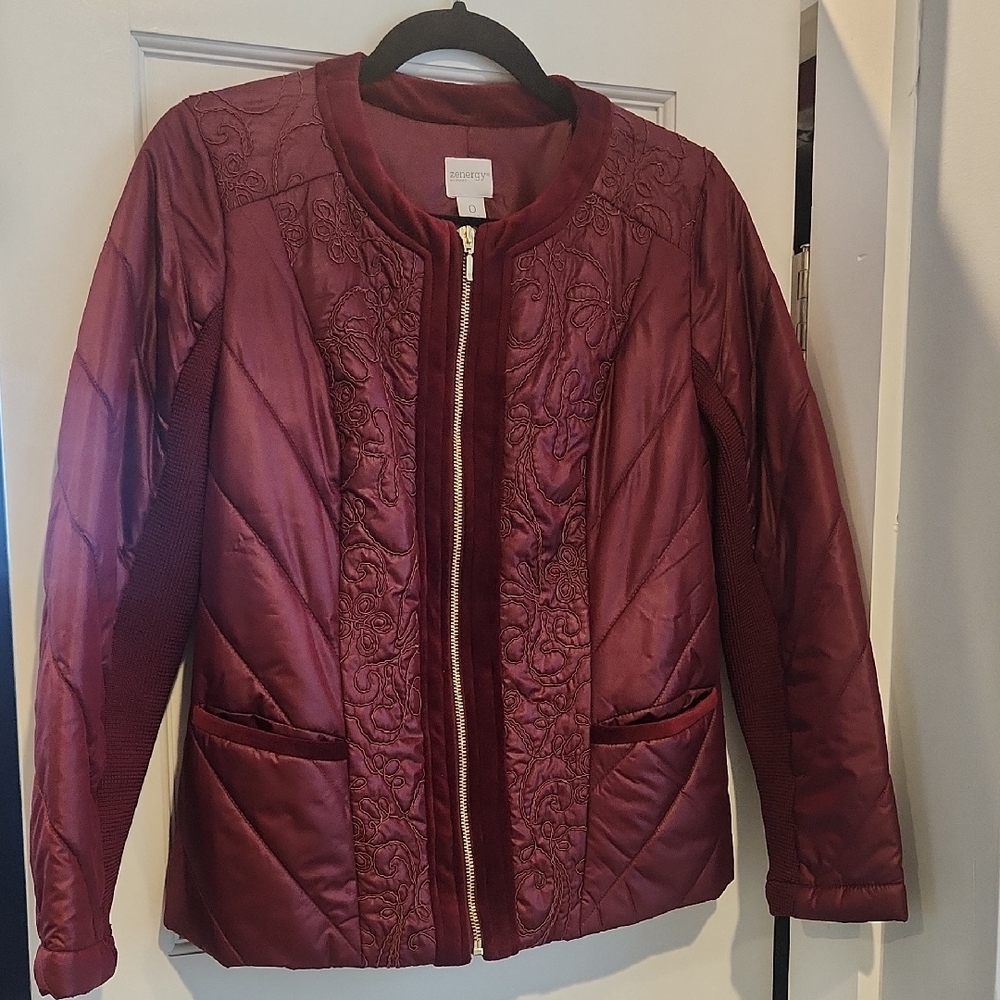 Chicos Zenergy Burgundy Embroidered Jacket
